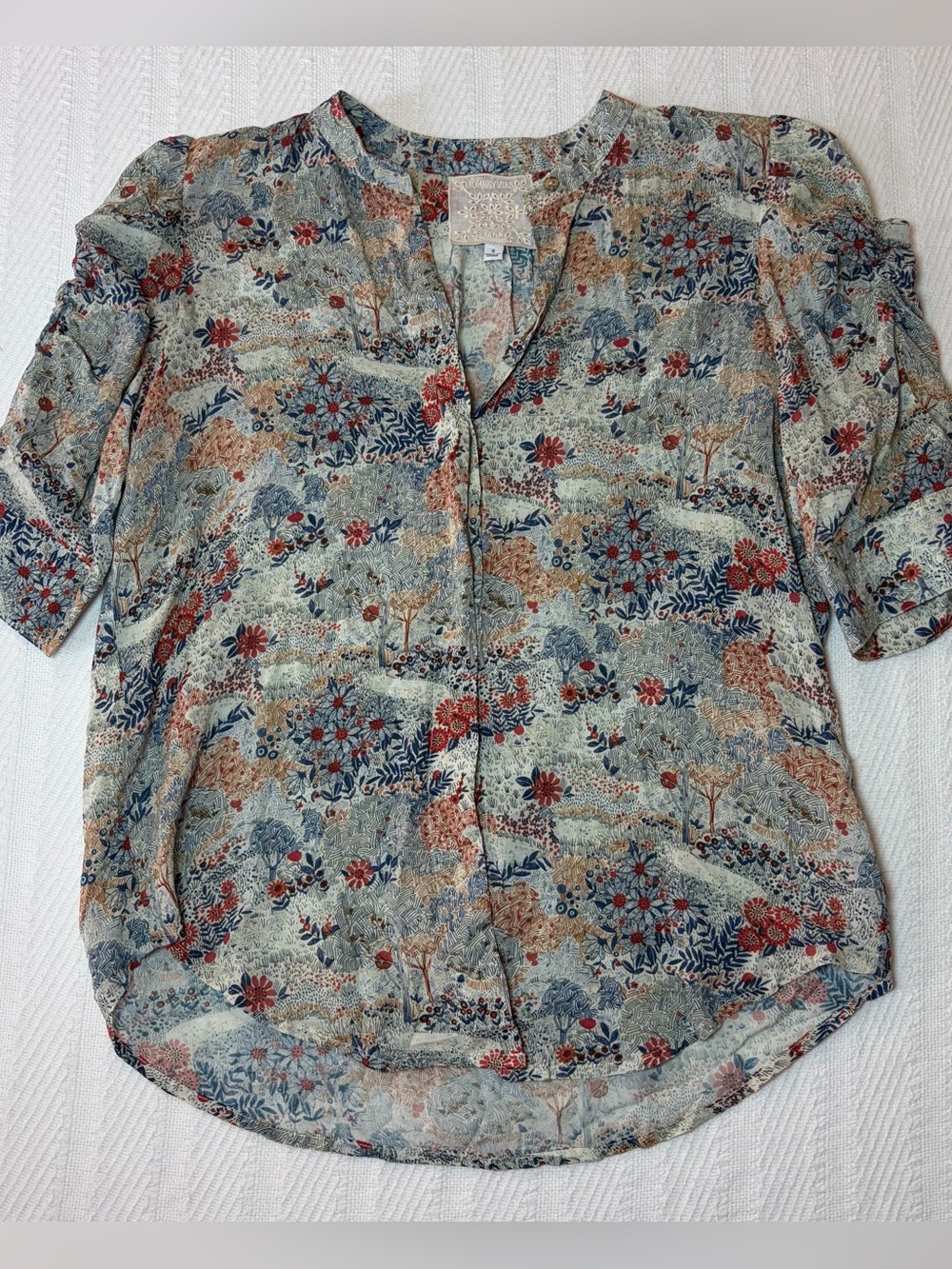 Johnny Was Blouse Size Small Jade Rayon Button Down Top Ruched Sleeves Boho